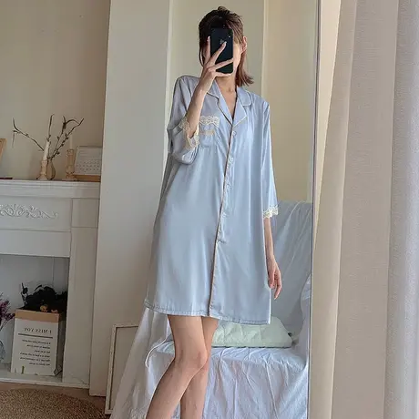 浪莎花边睡衣女士夏季冰丝薄款大码睡裙仿真丝绸家居服公主风商品大图