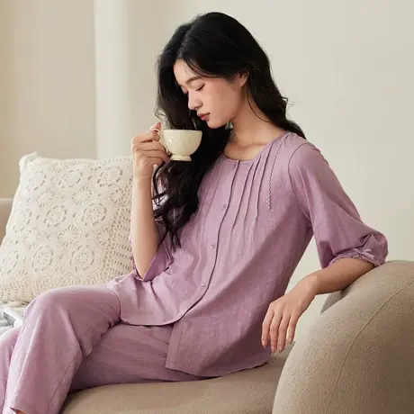 秋鹿【直播专享】提花棉睡衣女春夏圆领七分灯笼袖家居服可外穿商品大图