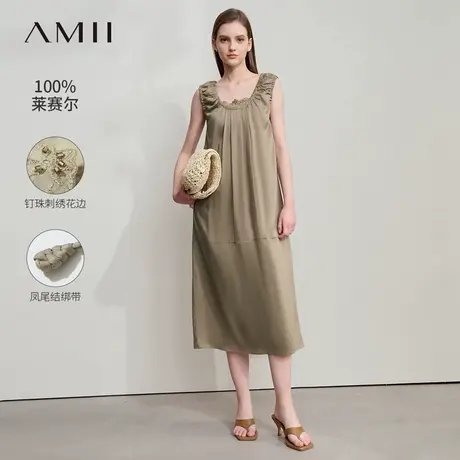 Amii2025夏新款钉珠刺绣花边全莱赛尔连衣裙女U领无袖绑带裙子商品大图