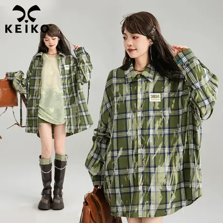 KEIKO 美式复古绿格子长袖衬衫女外套25春季男友风宽松BF开衫上衣商品大图