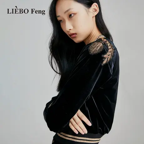 裂帛LIEBOFeng设计师品牌chic短款亮丝刺绣简约通勤黑色套头卫衣商品大图