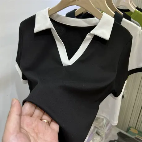 拼接polo衫辣妹短款V领2023夏季新款上衣设计感ins小众短袖t恤女图片