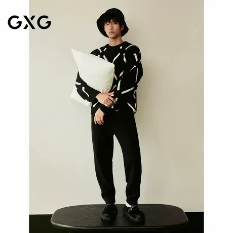 GXG男士家居套装 黑色几何花纹半边绒套头加厚可外穿商品大图