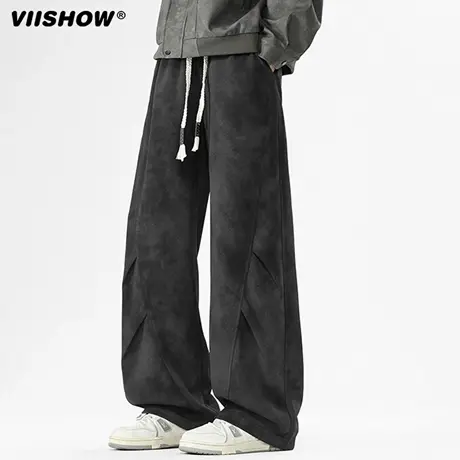 VIISHOW休闲裤男25秋季宽松直筒裤子美式潮牌褶皱男生百搭脏脏裤商品大图