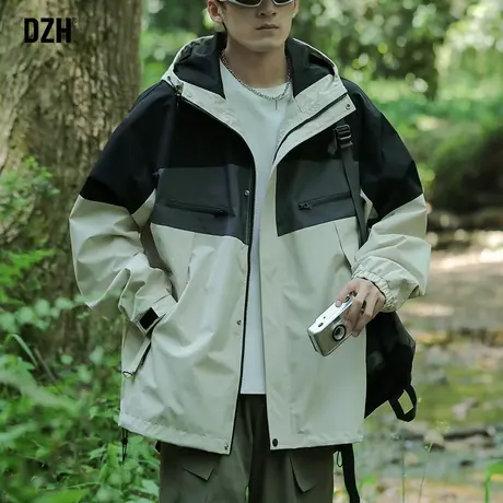 男士美式户外冲锋衣男款连帽潮牌外套男秋季拼接衣服运动工装夹克商品大图