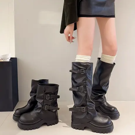 粗跟不过膝裤管靴女2025年秋季新款增高显瘦堆堆靴时尚百搭骑士靴商品大图