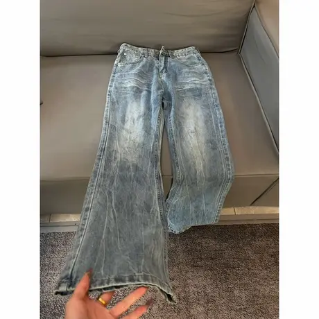 蓝色闪电纹牛仔裤男款cleanfit裤子美式高街高级感修身直筒微喇裤商品大图