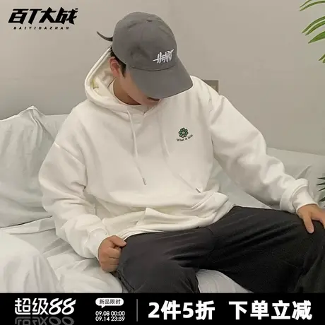 ins风花花胸标连帽卫衣男女秋季正肩纯棉简约休闲百搭情侣装长袖图片
