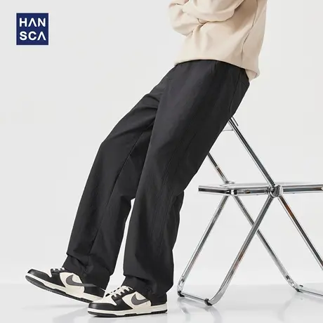 hansca秋季260g宽松直筒休闲裤男士美式复古微褶皱肌理感黑色长裤商品大图