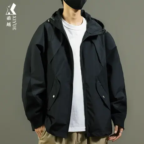户外防风夹克男士外套秋季潮牌登山服宽松大码大口袋连帽冲锋衣男商品大图