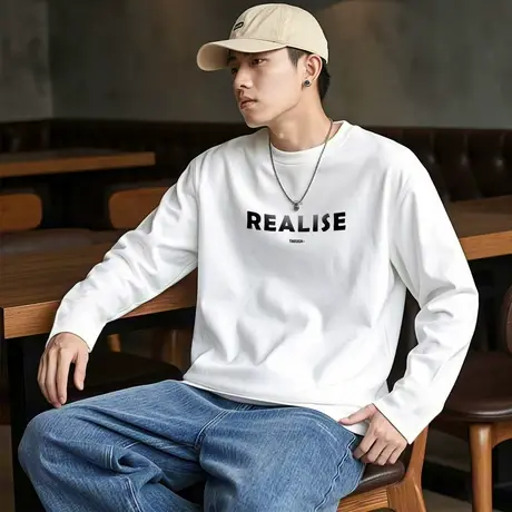 唐狮春秋男士长袖t恤休闲前胸字母纯棉宽松打底净色好看酷潮TD图片