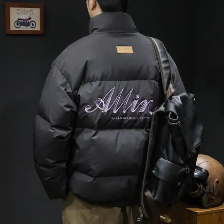 80鸭绒羽绒服男冬季2023新款黑色潮牌大码男士外套短款立领新国标商品大图