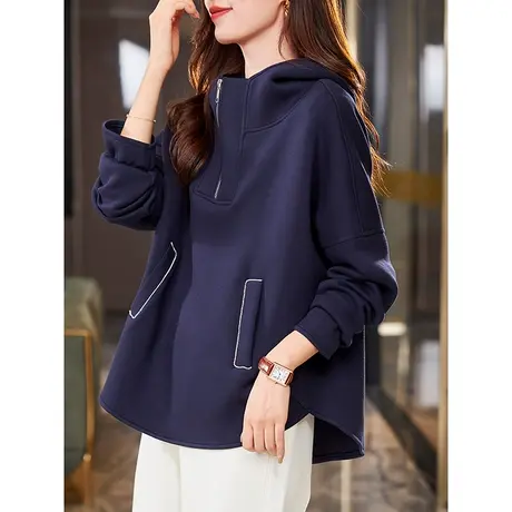 宝诗黎半拉链连帽卫衣早秋宽松慵懒套头上衣女休闲长袖2023年新款商品大图