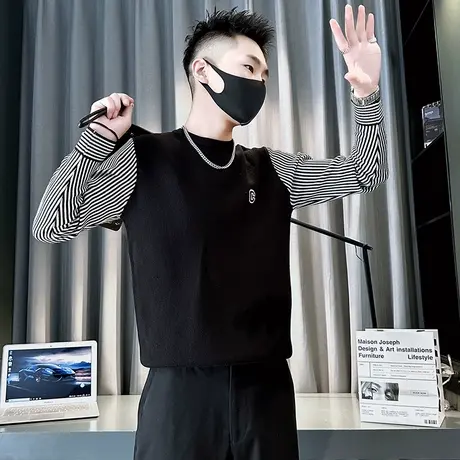 毛衣男秋冬款个性拼接假两件条纹针织打底衫轻熟潮牌青年内搭线衣商品大图