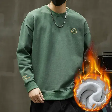 冬季加绒保暖内搭打底衫秋冬款男生潮牌痞帅加厚防寒套头圆领卫衣商品大图