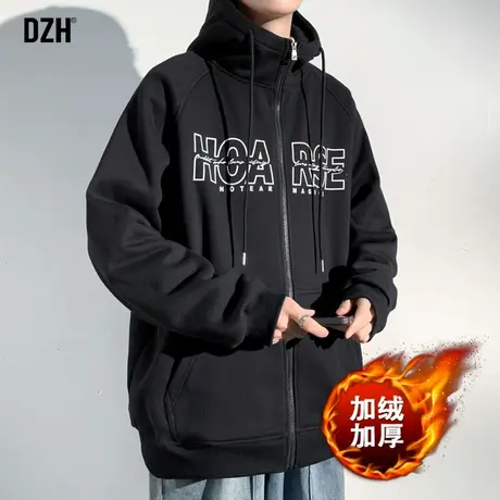 男士黑色开衫卫衣男冬季加绒2023新款美式潮牌连帽摇粒绒外套男装商品大图