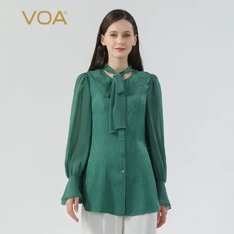 VOA青苔绿22姆米提花桑蚕丝扎结领单排扣宽松长袖透气真丝衬衣图片