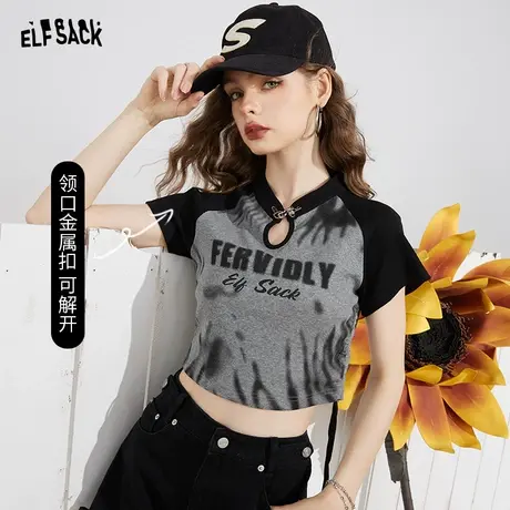 妖精的口袋美式复古短袖t恤女2023夏季新款bm风短款显瘦辣妹上衣商品大图