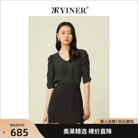 YINER音儿专柜女装夏季新款法式黑吧波点印花真丝短袖衬衫上衣商品大图