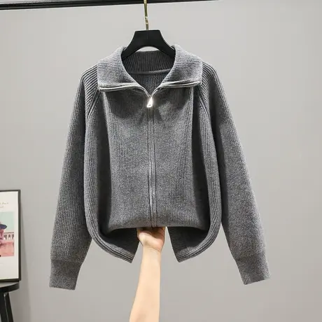 2023春装新款韩版宽松纯色长袖针织衫拉链开衫外套女士上衣毛衣女商品大图