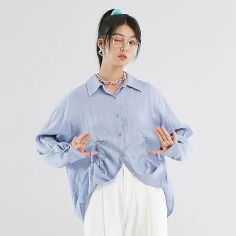 omont蛋挞家 肌理感蓝色衬衫外套女设计感小众宽松上衣夏季薄款商品大图