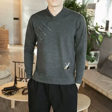 中国风男士毛衣秋季针织衫青年盘扣复古套头男装休闲潮修身打底衫商品大图