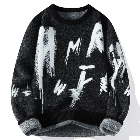 男士毛衣半高领毛线衣水貂绒加厚冬季提花字母衣服套头打底针织衫商品大图