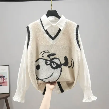 针织衫2023秋款马甲女春v领上衣女夏卡通小狗背心外套慵懒风宽松商品大图