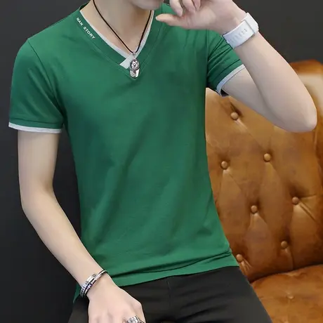 2023新款短袖t恤男士夏季V领纯棉韩版潮流夏装大码潮牌百搭上衣服图片