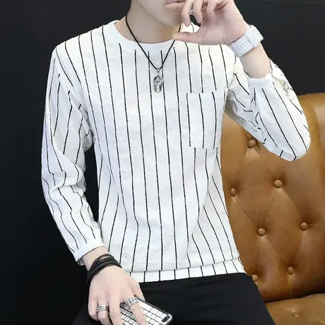 夏季条纹T恤男长袖卫衣衫帅气潮牌男装个性小衫发型师宽松上衣服商品大图