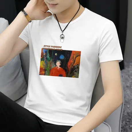 莫代尔冰丝t恤男士短袖白色上衣服潮牌夏季半袖速干凉感圆领体恤商品大图