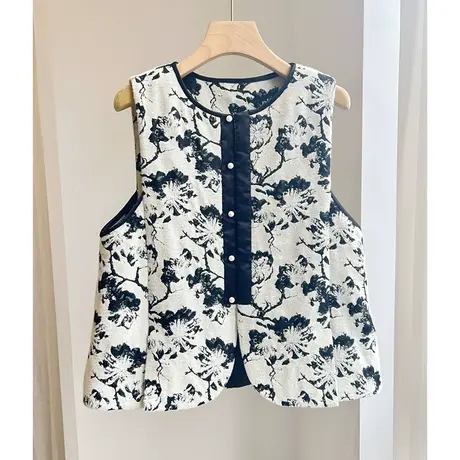 素飞【SU5079】新中式马甲秋冬加厚加棉织花坎肩黑色百搭背心女商品大图