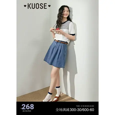 阔色高腰阔腿牛仔裤短裤女2023夏季新款宽松休闲简约压褶裤子商品大图