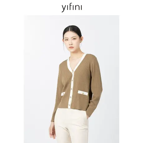 Yifini/易菲宽松短款毛织外套女春秋新款长袖V领百搭针织开衫图片