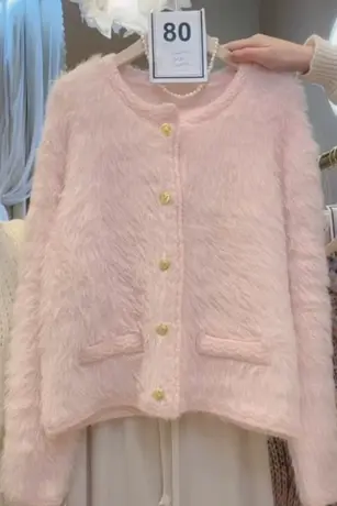 仿水貂毛绒外套秋冬新品韩系甜美小仙女减龄温柔粉色针织开衫毛衣图片