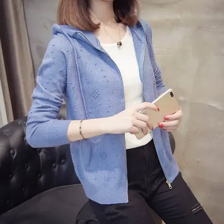 连帽针织衫开衫女春秋百搭短款长袖外套毛衣秋装新款短款外搭商品大图