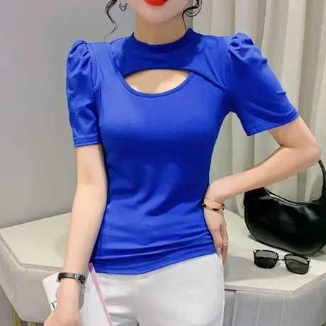 欧货泡泡袖T恤女短袖2024夏新款性感镂空辣妹上衣纯色百搭小衫ins图片