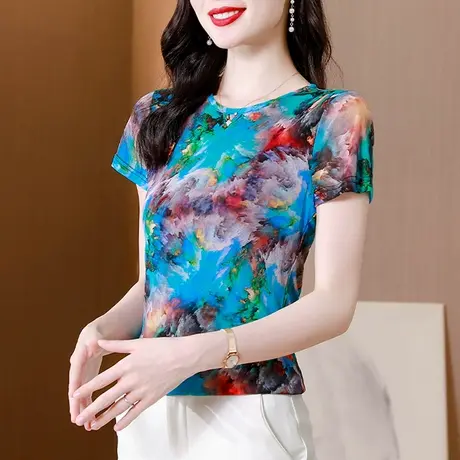 夏装2024新款拼色印花短袖T恤女士性感网纱小衫修身圆领气质上衣图片