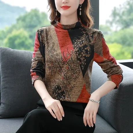 半高领打底衫女春秋装2023年新款漂亮女人味上衣内搭印花长袖t恤商品大图