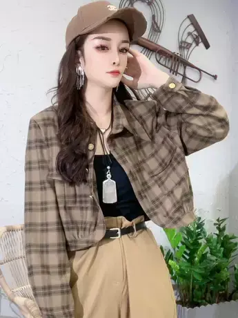 复古格子长袖衬衫外套女秋季2023新款宽松显瘦设计感短款衬衣上衣商品大图