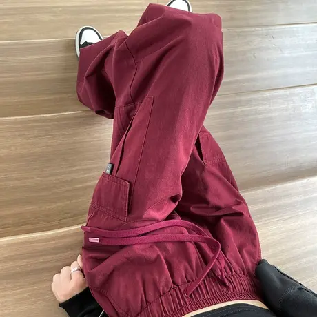 加绒加厚酒红色工装裤女冬季宽松高腰显瘦直筒阔腿美式休闲裤春秋商品大图