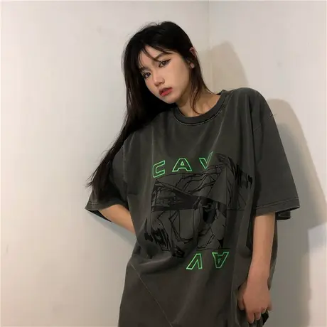 欧美复古短袖t恤潮牌女夏季宽松韩版ins半袖设计感小众纯棉上衣服商品大图