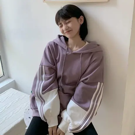 连帽卫衣女chic港风秋冬宽松韩版ins上衣设计感小众加绒加厚外套商品大图