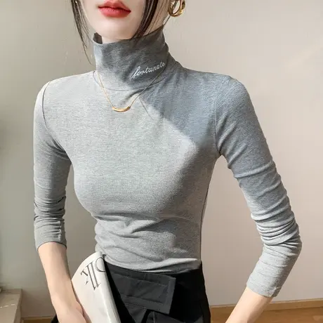 高领字母刺绣磨毛长袖T恤女2023秋冬新品修身显瘦西装内搭打底衫图片