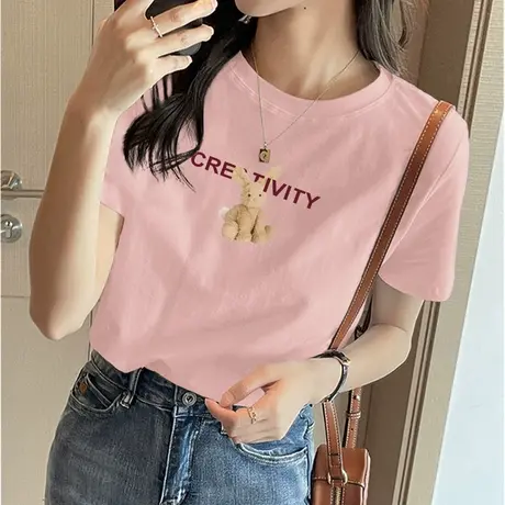 纯棉短袖t恤女夏季2023年新款宽松潮字母半袖打底衫内搭正肩上衣图片