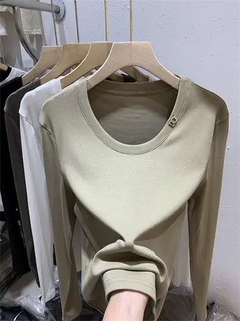 欧货纯色圆领打底衫女士早秋新款设计感修身内搭别致长袖t恤上衣商品大图