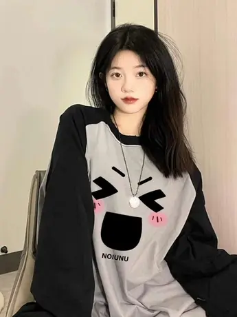 秋冬季美式复古插肩袖长袖t恤女男学院风拼接潮牌纯棉休闲上衣秋图片