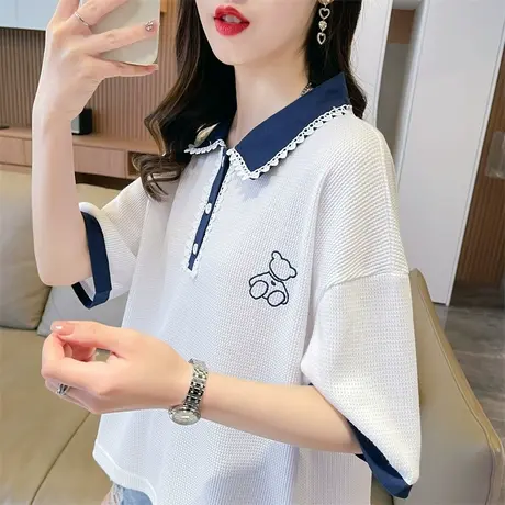 小众设计感短袖t恤女夏季韩版宽松短款翻领蕾丝花边假两件上衣服图片