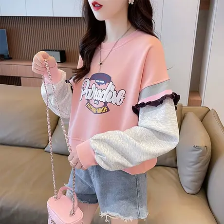 早秋小个子短款卫衣女2023新款春秋韩版宽松大码薄款拼色上衣外套图片