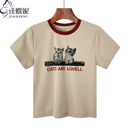 夏季新款圆领撞色拼接纯棉小猫印花修身短款短袖体恤上衣女打底衫商品大图